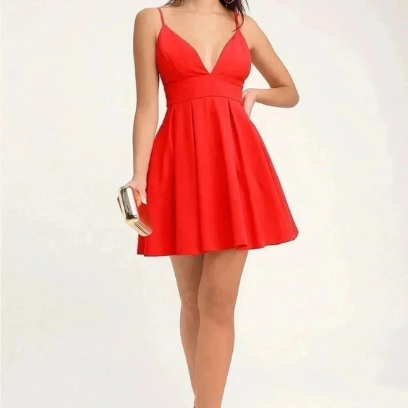 Lulus Red PARTY sleeveless spaghetti strap fitted skater Dress Size Large - Picture 1 of 13